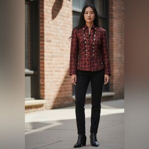 Womens Red Patterned Military-Button Blazer